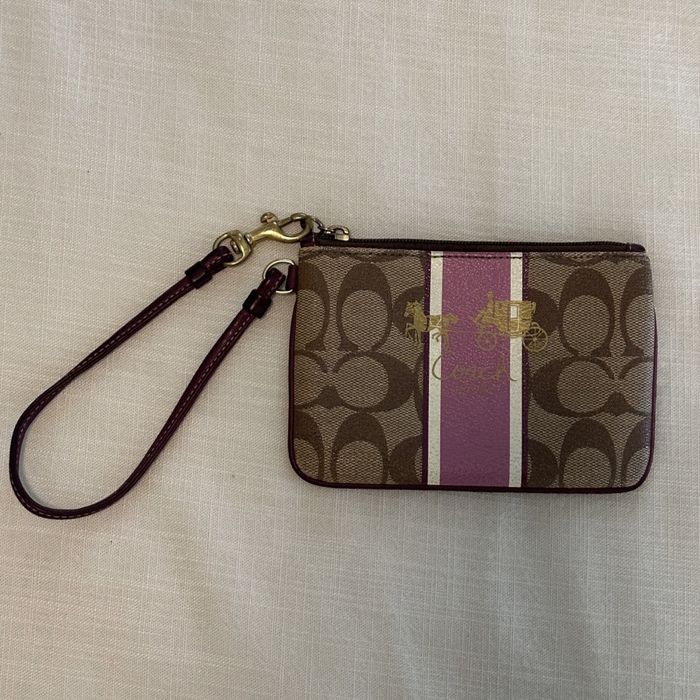 Coach Heritage Stripe Wristlet Brown and Pink